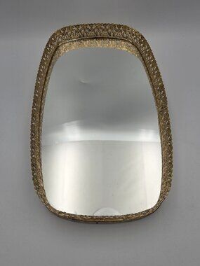 Hollywood Regency Rectangle Gold Filigree Mirrored Vanity Tray 13.5 x 8” Perfume